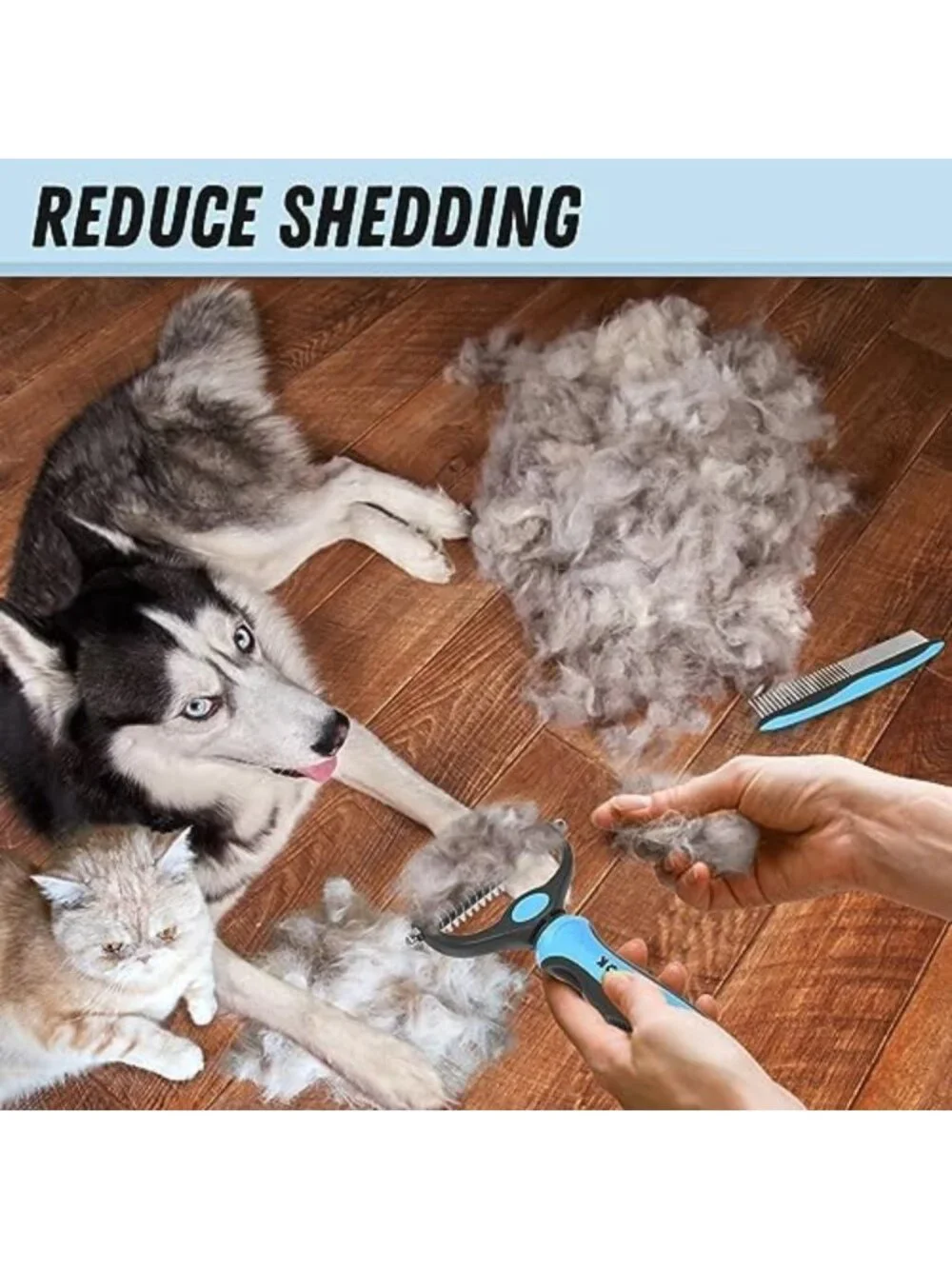 Pet Grooming Combo Set - Blue Deshedding Brush & Metal Comb for Long Fur Care